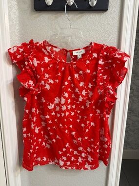ON 34th Red Floral Ruffle Sleeve Blouse